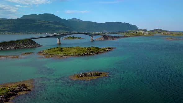 Aerial View of Scenic Road on Lofoten Islands in Norway with Bridge Connecting Islands