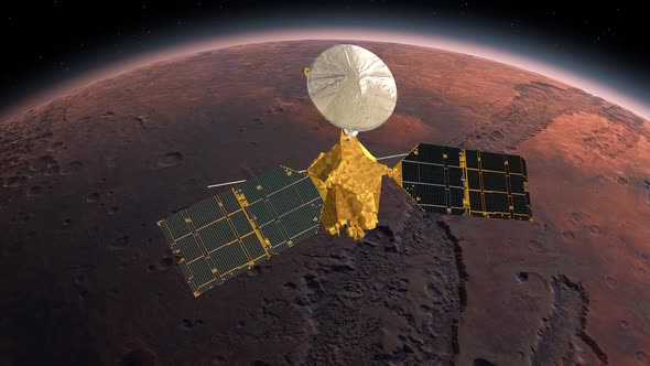 Mars Reconnaissance Orbiter, MRO Orbiting Mars. Mars Planet Rotating in the Outer space.Traveling To alt