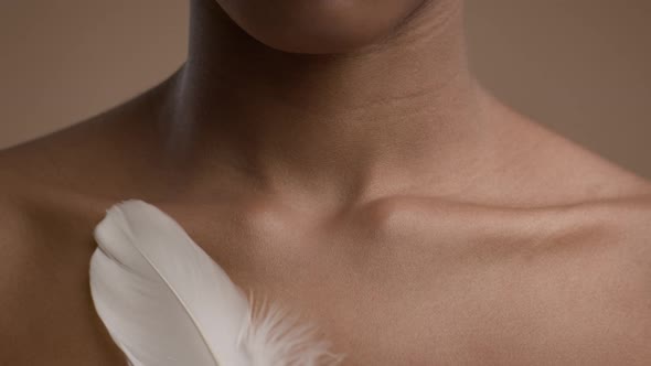 African American Woman Stroking Skin With Feather Beige Background Cropped