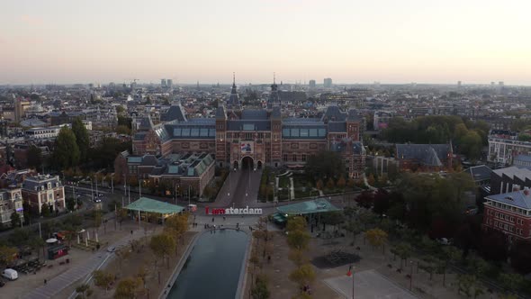 Aerial at Sunrise Showing Rijksmuseum Drone Slowly Moving Towards Dutch National Museum Dedicated To