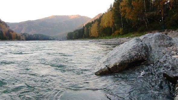 Stone Is On the Coast Of A Katun River In Altay