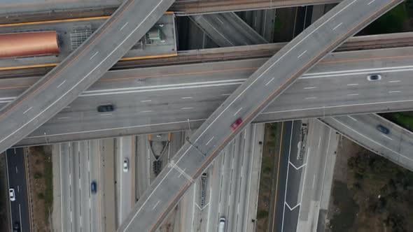 AERIAL: Slow Overhead Flighty Shot of Judge Pregerson Highway Showing Multiple Roads, Bridges