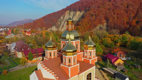  Aerial Drone Video of Orthodox Church with Gilded Domes in Yaremche in Carpathians Mountains