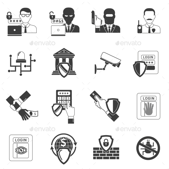 Bank Security Black Icons Set