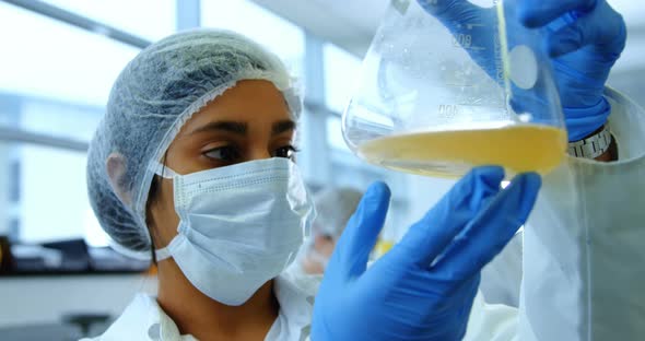 Female scientist looking at conical flask 4k