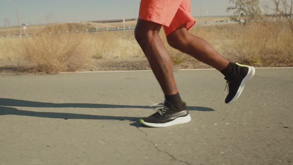Male Legs Run in Sneakers on Road Side View Closeup