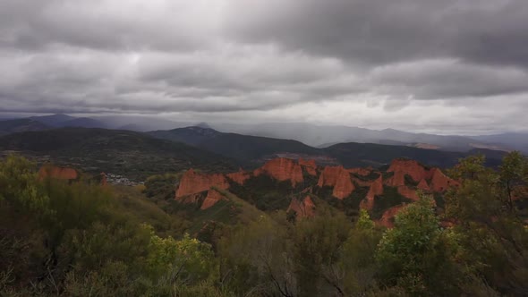 Timelapse of Las Medulas ancient roman gold mine on a moody rain day, Spain