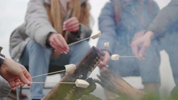 Hungry Travelers Are Cooking Marshmallow on Fire and Eating It From Sticks During Conversation