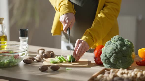 Unrecognizable Young Pregnant Caucasian Woman Cutting Cucumber with Knife Indoors