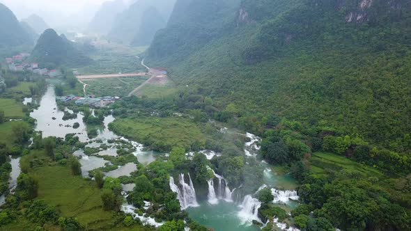 Aerial view, panorama view of beautiful waterfall