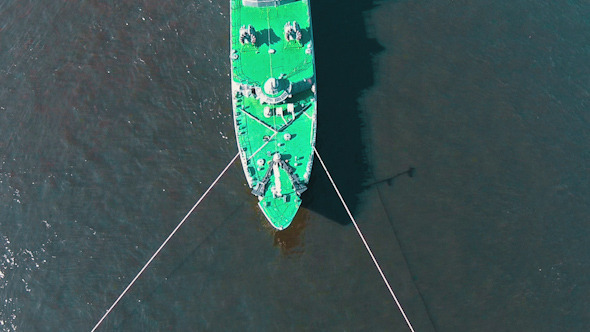 Aerial View Warship Moored on Buoys alt