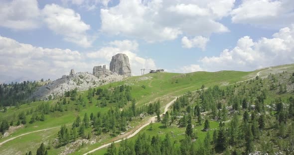 Aerial drone view of landscapes and towers in the mountains.