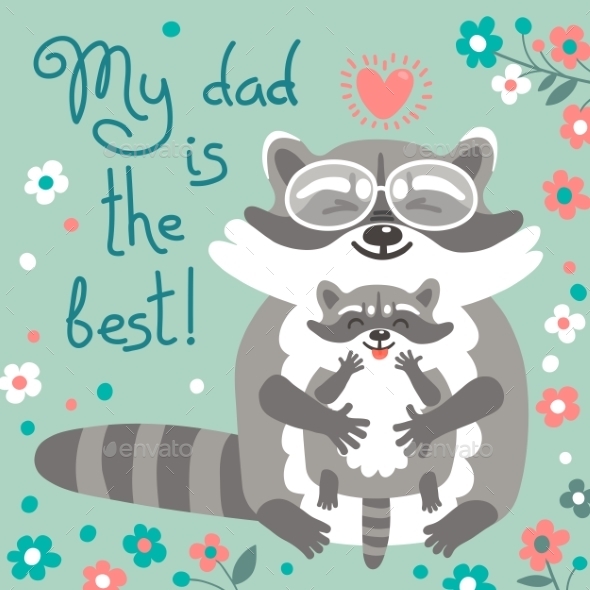 Card With Cute Raccoons To Fathers Day.