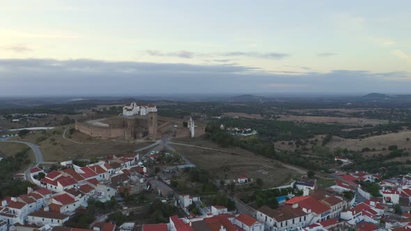 Arraiolos village drone aerial view at sunset in Alentejo, Portugal