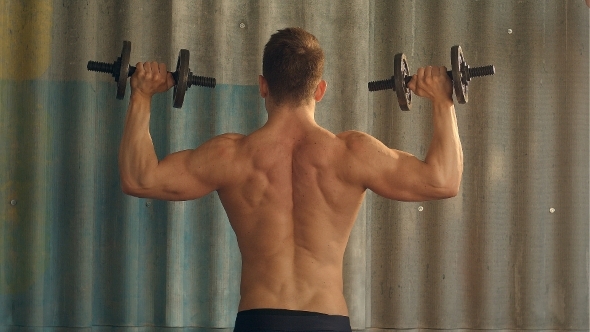 Young Muscular Man Exercising With Dumbbells