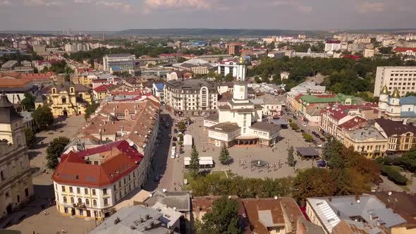 Aerial view of historic center in Ivano-Frankivsk city, Ukraine.