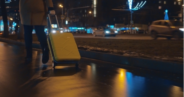 Woman Walking With Trolley Bag Along The Street In