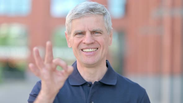 Outdoor Portrait of Middle Aged Man Showing OK Sign