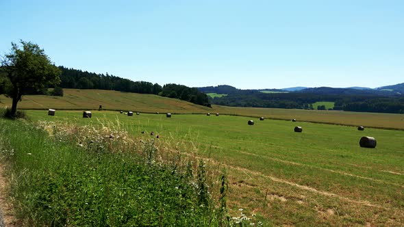 Field in Countryside with Haystack and Road - Forests in Background - Sunny Day