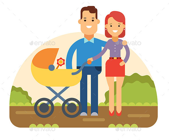 Happy Young Family with Baby in Stroller
