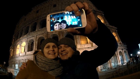 Couple Making Selfie In Rome At Night