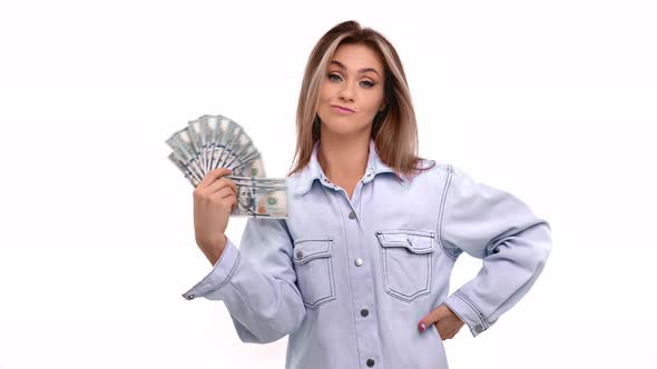 Woman with Cash Fan Enjoy Financial Independence Posing Isolated