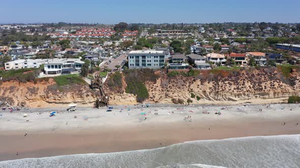 Aerial shot of beachfront houses on the West Coast of America, Encinitas