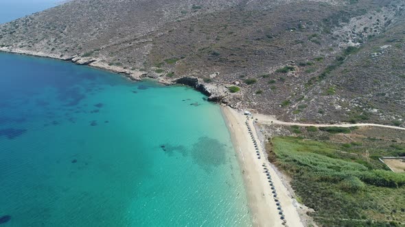 Mylopotas on the island of Ios in the Cyclades in Greece seen from the sky