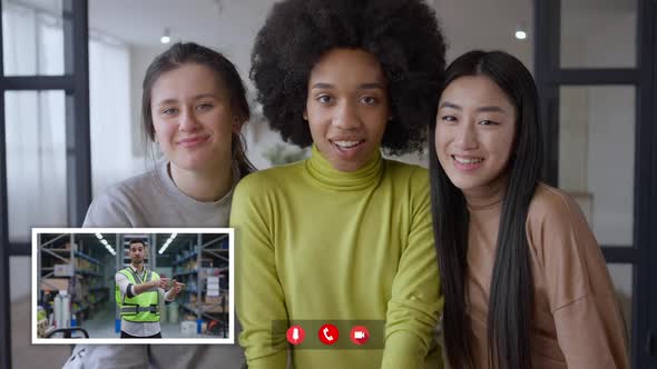 Web Camera POV of Smiling Young Women of Different Ethnicities Looking at Man Talking and Gesturing