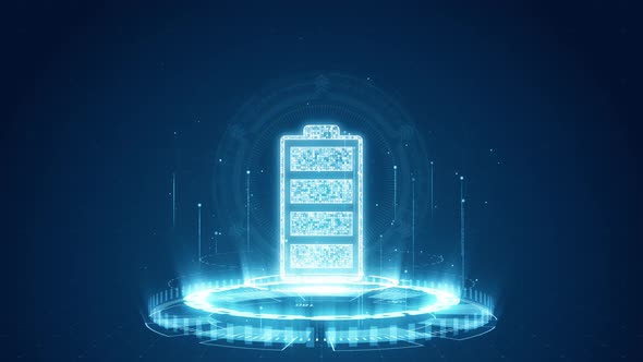 Blue digital battery logo with futuristic technology and levitation particle on abstract background alt