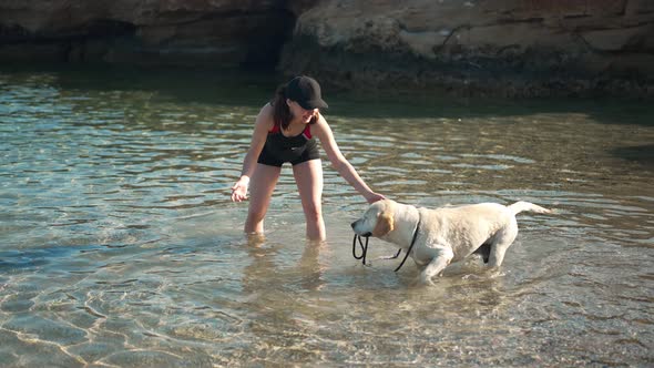 Wide Shot Cheerful Young Woman Chasing Dog Taking Away Collar Standing in Mediterranean Sea in