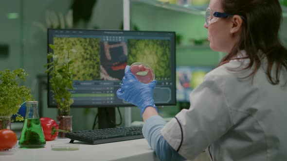 Chemist Woman Analyzing Vegan Beef Meat for Biochemistry Experiment