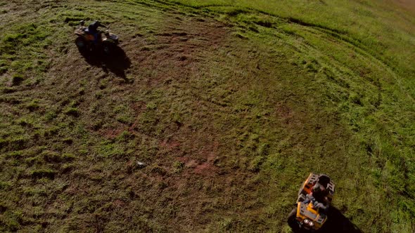 People on Atv Bikes on Green Meadow View From Above