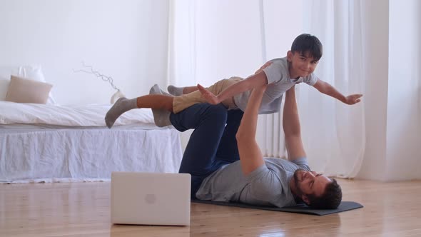 Family Fitness at Home, Father Coach, Sports Kid, Fun Gymnastics