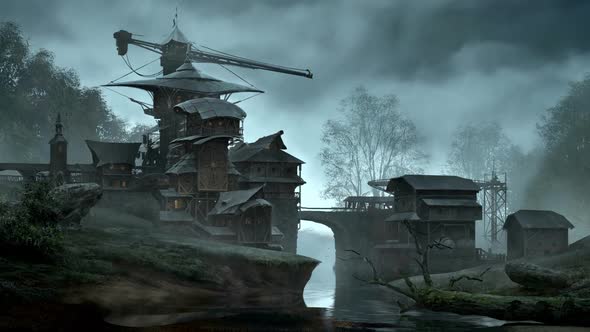 Fantasy settlement with a bridge over the flowing creek. Fabulous scenery. HD