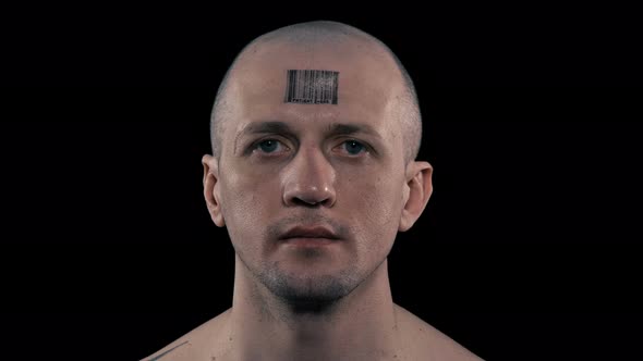 Close-up Man Who Has a Barcode on His Forehead with a Inscription Patient 666