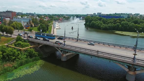 Drone view of urban landscape. Aerial drone view of bridge over the river