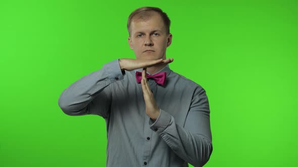 Man Showing Time Out Sign. This Is Limit, Enough Gesture. Portrait of Guy on Chroma Key Background