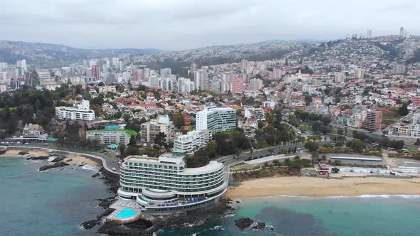 Beach Pacific ocean coast, Convention Center (Vina del Mar, Chile) aerial view