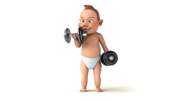 Fun 3D cartoon of a baby lifting weights