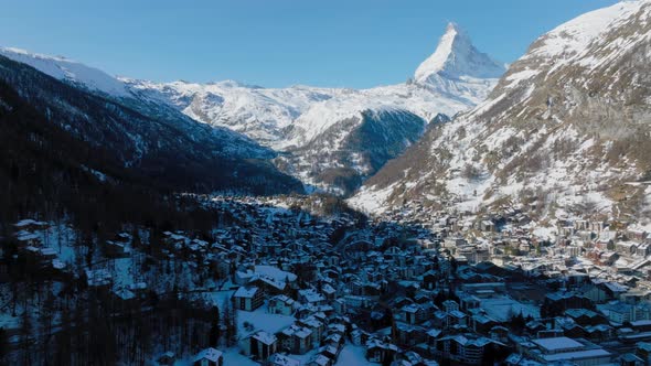 Aerial View on Zermatt Valley and Matterhorn Peak in the Morning