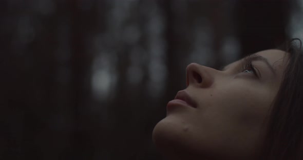 Portrait Young Beautiful Girl Looks Up Sky Enjoys Nature Closeup