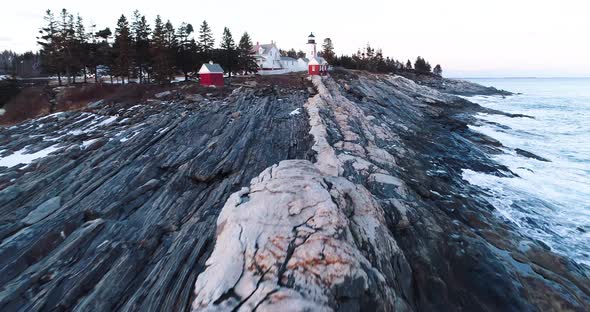 Aerial view Grindel Point Light bedrock Islesboro Maine United States
