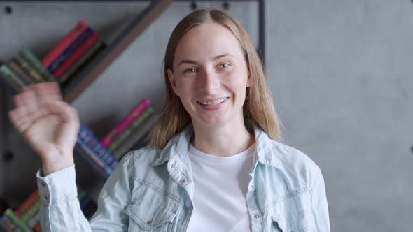 Woman Looking at Camera and Talking, Making Video Call Conference, Online Job Interview at Home