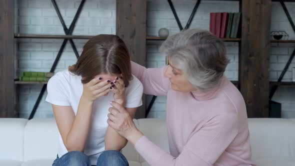 A Middle Aged Mother and an Adult Daughter Are Sitting on the Sofa. Mom Calms Her Daughter, Helps