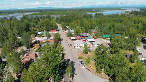 4K Drone Video of Alaska Railroad Train and Station at Talkeetna, Alaska during Sunny Summer Day