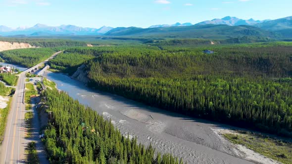 4K Drone Video of Denali Park Village along the Nenana River on the George Parks Highway Alaska Rout