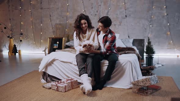 The Upset Young Woman Receives a Toy From Her Boyfriend, Around Christmas.