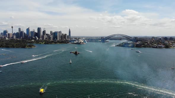 Sydney Harbor, Opera House, Harbor Bridge, wide drone shot