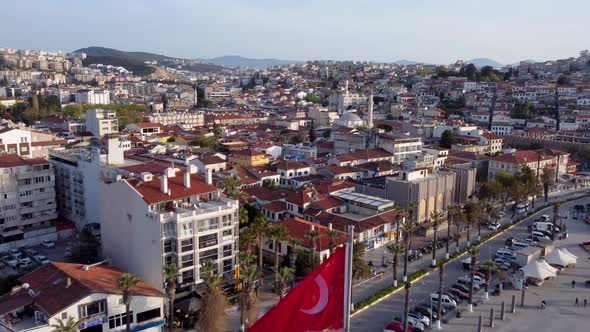 Aerial View Of Ataturk Boulevard In Kusadasi, Turkey With Landmarks, Built Structures, And Turkish F